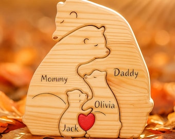 Personalized Wooden Bear Family Puzzle – Custom Housewarming | Rustic Family Name Decor | Custom Names Family Keepsake, Mother's Day Gift