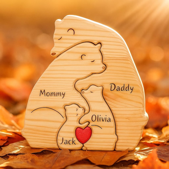 Personalized Wooden Bear Family Puzzle – Custom Housewarming