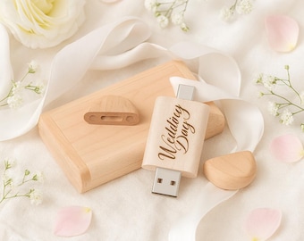 Memoria USB 3.0 de madera personalizada con caja y conector USB y tipo C. Regalo para fotógrafo de bodas. Memoria USB grabada personalizada para compromiso.