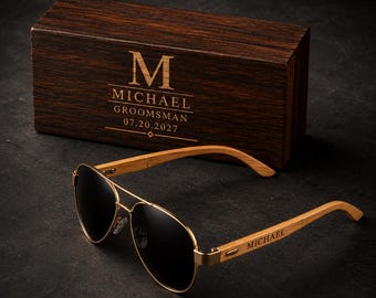 Lunettes de Soleil Personnalisées pour Témoins avec Coffret en Bois Gravé, Cadeau Marié et Garçon d'Honneur