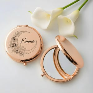 Cadeau voorstel bruidsmeisje – gepersonaliseerde compacte spiegel – zakspiegel met gegraveerde naam – roségouden gunst voor bruidsmeisje, make-upspiegel voor op reis