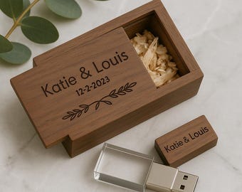 Personalized Wooden USB & Box: Engraved Maple or Walnut Keepsake