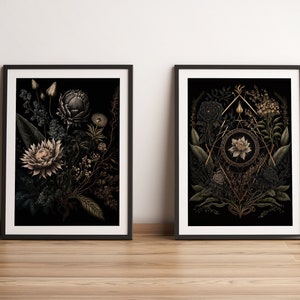 Set van twee neutrale tinten donkere Academia botanische prints Donker Cottagecore-decor Wicca Witchy Vintage donkere humeurige bloemengalerij wandset afbeelding 1