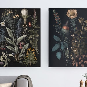 Set van twee donkere Academia botanische prints | Donker Cottagecore-decor | Vintage donkere humeurige bloemengalerij muurset | Vintage digitale afdruk