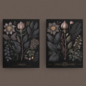 Set of Two Dark Academia Botanical Prints | Alchemy Herbs Guidebook | Vintage Dark Moody Floral Gallery Wall Set | Witchcore Digital Print