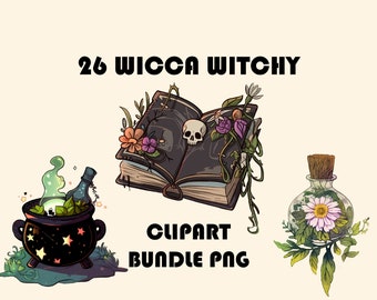 Witchy Wicca 26 Clipart Bundel PNG | Spreukenboeken, Drankjes, Botanicals, Heksenketel PNG | Leuke gotische clipart | Digitaal downloaden