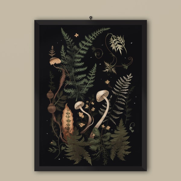 Dark Cottagecore Mushrooms and Fern Botanical Print | Vintage Dark Academia Decor | Dark Moody Woodland Gallery Wall | Funghi Digital Print