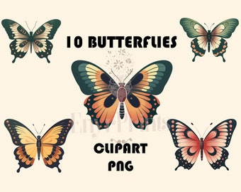 Tien vlinders clipart bundel| Vlinders PNG | Minimalistische kleurrijke vlinders Prinable PNG | Digitaal downloaden | Collage, scrapbooking