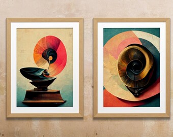 Vintage Artistic Gramophone Gallery Wall Set | Aesthetic Grainy Texture Gallery Wall Art | Set of 2 Digital Art Prints
