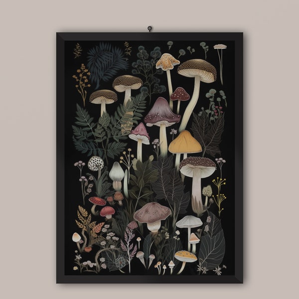 Dark Cottagecore Forest Mushrooms Botanical Print | Dark Academia Woodland Decor | Vintage Dark Moody Witchy Funghi Poster |Digital Download