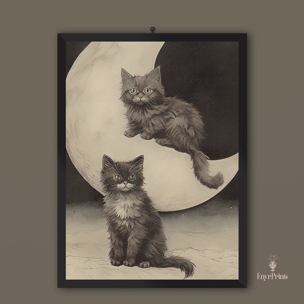 Dark Academia Vintage Cats and Moon Print | Dark Moody Victorian Gallery Wall Art | Vintage Cats Card | Digital Download