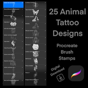 Procreate Brushset Stamps - 25 Animal Tattoo Designs, Tattoo Ideas, Tattoo Stencils, brushes