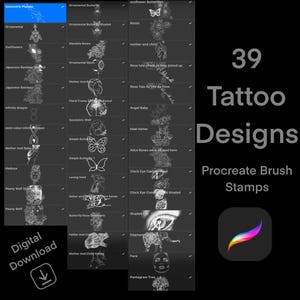Procreate Brushset Stamps - 39 Tattoo Designs, Tattoo Ideas, Tattoo Stencils, brushes