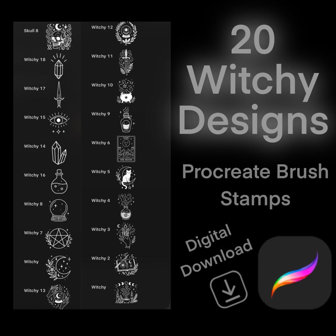 Procreate Brushset Stamps - 20 Witchy Designs, Tattoo Ideas, Tattoo ...