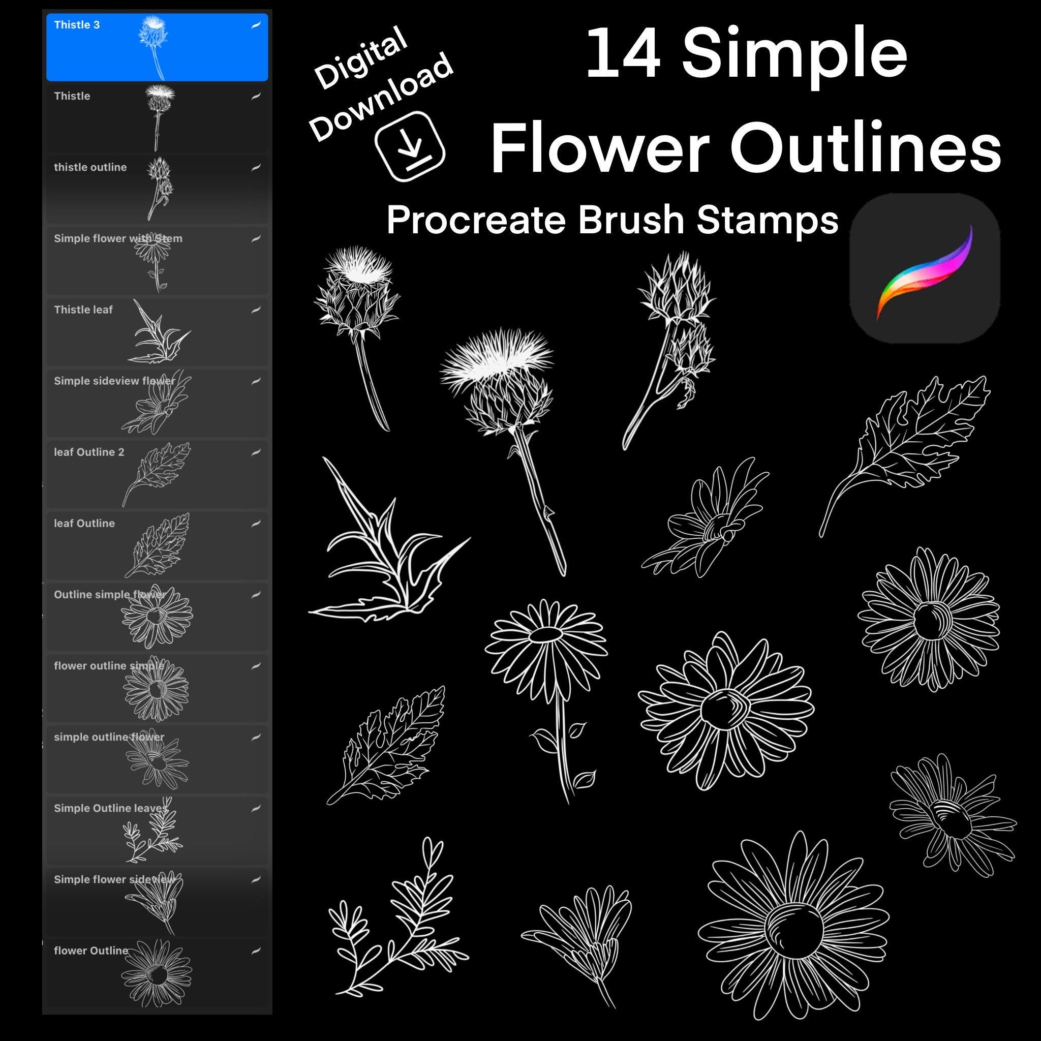 Set de pinceles Procreate con sellos – Contornos simples de flores y hojas para tatuajes y arte