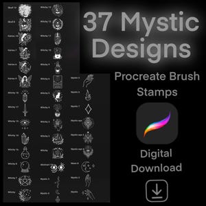 Ensemble de tampons Procreate - 37 motifs mystiques, idées de tatouage, pochoirs de tatouage, pinceaux