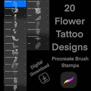 Procreate Brushset Stamps - 20 Flower Tattoo Designs, Tattoo Ideas, Tattoo Stencils, brushes