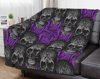 Gothic Decor Witchy Style Skulls & Purple Roses Throw Blanket, Black and Purple Blankets, Witchy Throw Blankets, Throw Blankets with Skulls