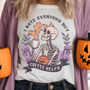 Funny Halloween Skeleton Coffee T-Shirt | Witchy Skull Tee