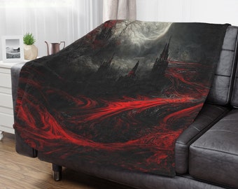Black & Red Gothic Castles Abstract Artwork Throw-Style Soft Minky Fleece Blanket | Witchy Dark Themed Blanket | Witch Home Bedroom Decor