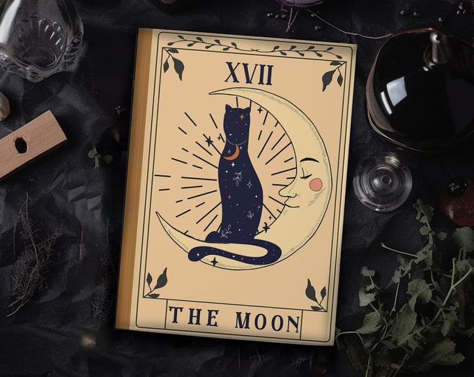 Celestial Tarot Card The Moon Journal with Black Cat | Crescent Moon Journal | Tarot Witchy Diary Notebook | Lilith Moon Studios