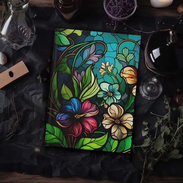 Beautiful Floral Stained Glass Effect Pretty Flowers Hardcover Journal | Witchy Plants Notebook | Pretty Journal Diary | Lilith Moon Studios