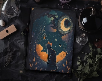 Black Cat looking up at the Starry Night Sky | Celestial Crescent Moon Cat Journal | Pretty Witchy Diary Notebook | Lilith Moon Studios