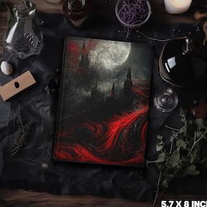 Gothic Castles in the Moonlight Red & Black Abstract Vampire Art AI vibe Cool Journal  | Pretty Witchy Diary Notebook | Lilith Moon Studios