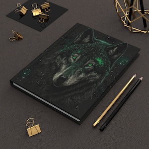 Stunning Black Wolf Green Eyes Ethereal Magical Celestial Journal  | Pretty Witchy Diary Notebook | Lilith Moon Studios
