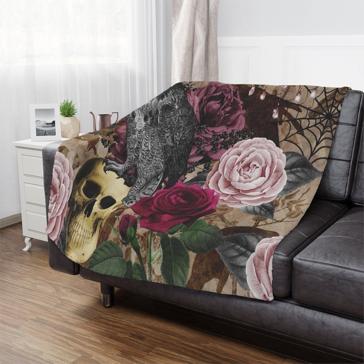 Gothic Owl Blanket: Skulls, Roses & Spiderweb Minky Throw