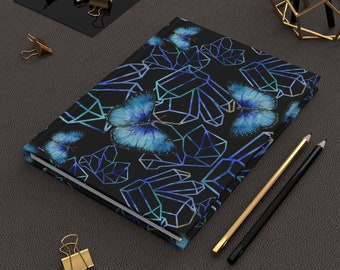 Blue Butterfly Crystal Hardcover Journal - Witchy Abstract Notebook