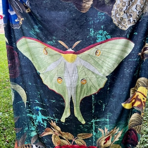 Vintage Aesthetic Luna Moth Throw-Style Blanket | Soft Flat Minky Colorful Green Moth Floral Butterfly Roses Rustic Decor | Maximalist Vibe