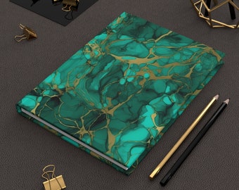 Emerald Green Tealish Hardcover Journal Marble Effect with Gold Accents | Cool Turquoise Notebook | Pretty Journal Diary | Stationery