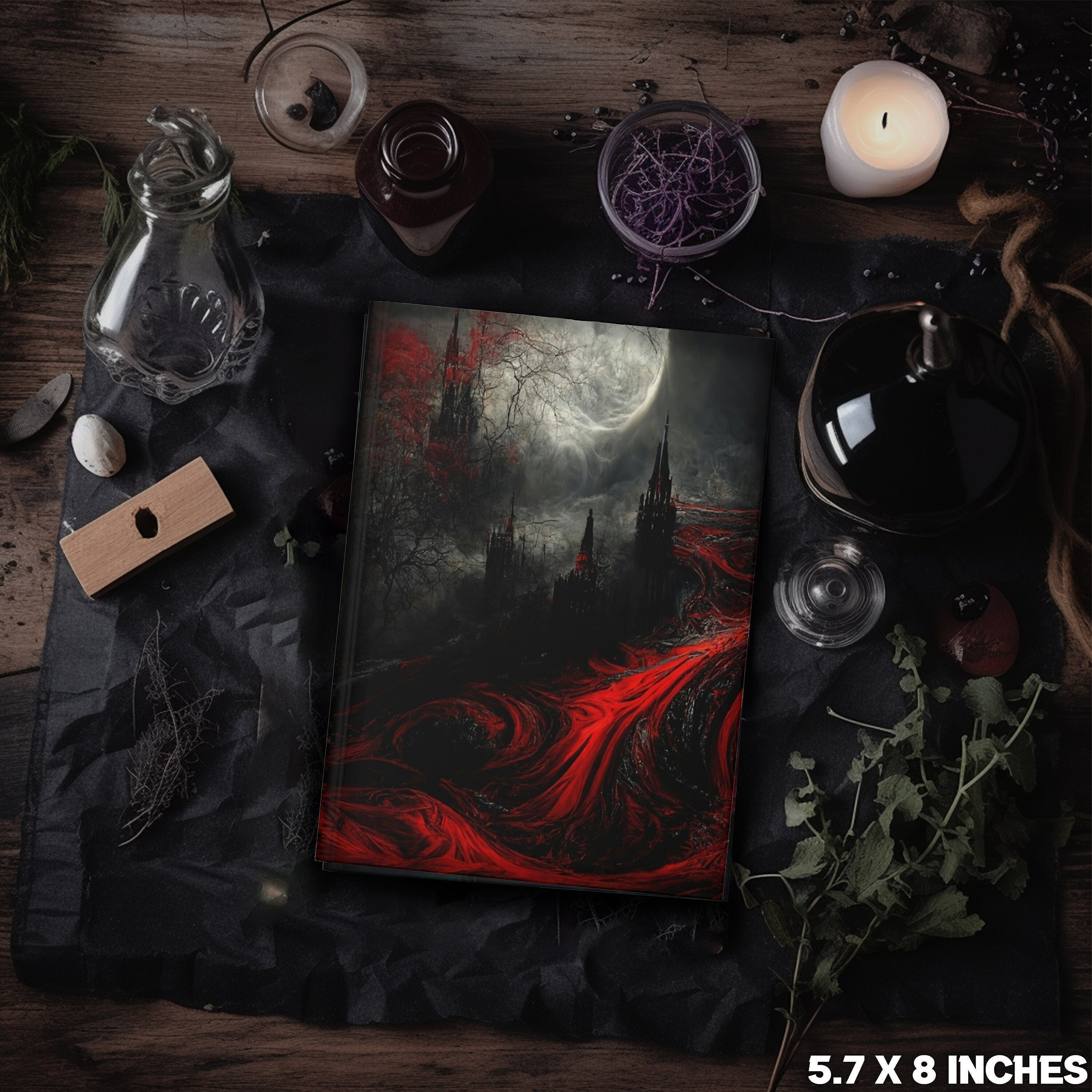 Gothic Castles in the Moonlight Red & Black Abstract Vampire Art AI vibe Cool Journal  | Pretty Witchy Diary Notebook | Lilith Moon Studios