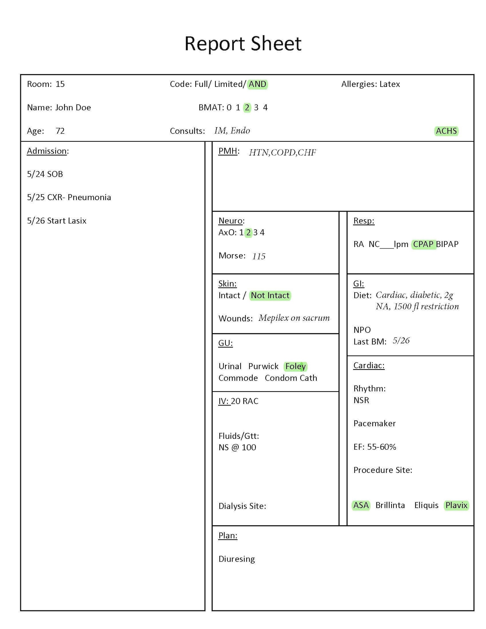 Cardiac Nursing Report Sheet - Etsy