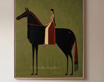 Woman Horse Rider Oil Painting, Sage Green Textured Canvas, Vintage Equestrian Wall Art, Figurative Decor