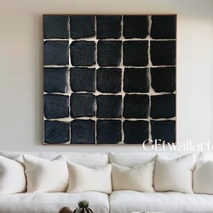 Arte mural negro, lienzo minimalista negro con textura de cuadrados pequeños, pintura al óleo con textura de empasto, decoración para sala de estar.