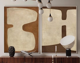 Juego de 2 cuadros grandes de arte abstracto geométrico beige, juego de 2 cuadros, arte de pared marrón wabi sabi, obra de arte beige neutra, decoración de pared