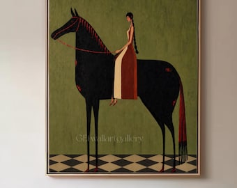 Woman Horse Rider Oil Painting, Cowgirl Equestrian Wall Art, Figure Artwork, Western Ranch Decor