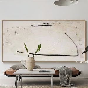 Arte de pared wabi-sabi beige claro de gran tamaño, pintura de líneas negras pequeñas sobre lienzo, arte neutro, lienzo beige, arte minimalista en lienzo para sala de estar