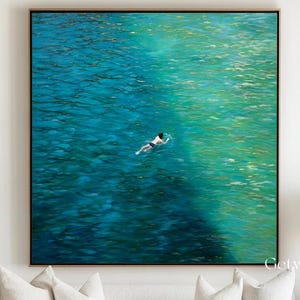 Green Abstract Landscape Wall Art Swimming in Lake Canvas Art Vintage Landscape Art Countryside Painting Countryside Farmhouse Wall Art