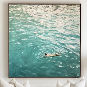 Countryside Landscape Painting Green Abstract Landscape Wall Art A Man Swimming in Ocean Wall Art Swimmer Acrylic Painting On Canvas