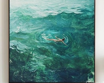 Swimming Into The Sea Green Ocean Oil Painting Countryside Wall Art Landscape Oil Painting on Canvas For Home Decor Tiny People Wall Art