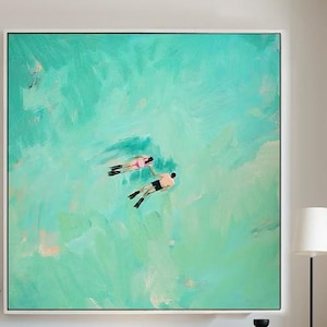 Swimmer Wall Art Tiny Swimmer Oil Painting Man and Woman Swiming Together on the Sea Painting Larger Green Sea Textured Art Customized Gift
