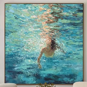 Diving oil painting diving wall art swimming girl painting blue abstract art diving in ocean oil painting summer wall art gift for her