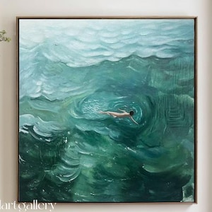 Swimming Into The Sea Green Ocean Oil Painting Countryside Wall Art Landscape Oil Painting on Canvas For Home Decor Tiny People Wall Art