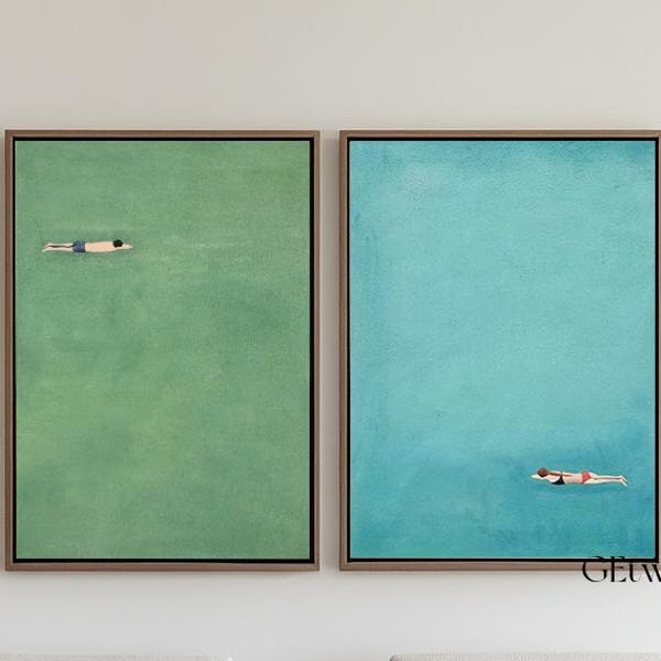 Set of 2 swimming into the pool oil painting a man and a woman swimming into the sea painting a pair of two blue and green original art