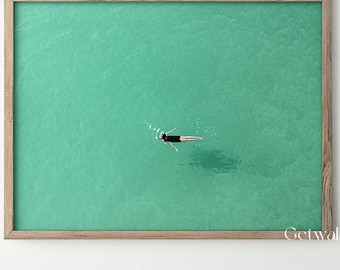 A gril swimming into the ocean canvas wall art a woman floating on the pool oil painting on canvas large green sea oil painting decor