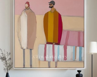 Abstract Fashion Man & Woman Wall Art, Original Figurative Painting, Warm Tone Home Decor