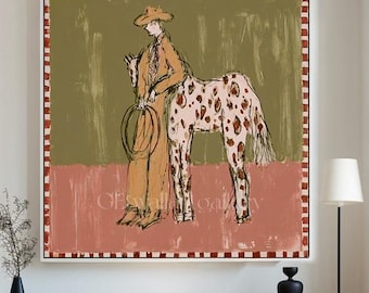 Vintage Cowboy Wall Art,Horse Rider Painting, Larger Rustic Ranch Decor